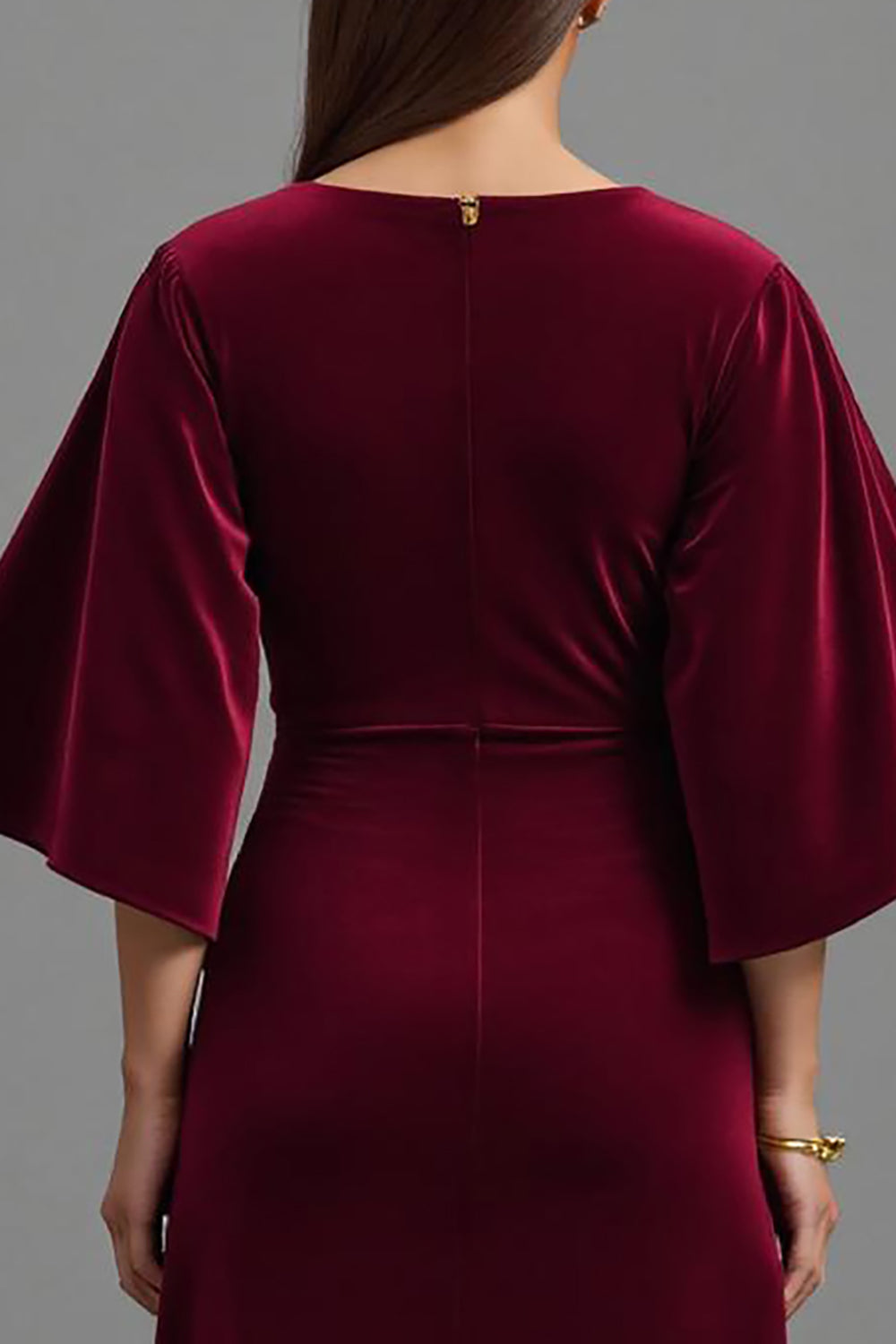 Velvet Burgundy V-Neck Long Holiday Party Dress with 3/4 Sleeves