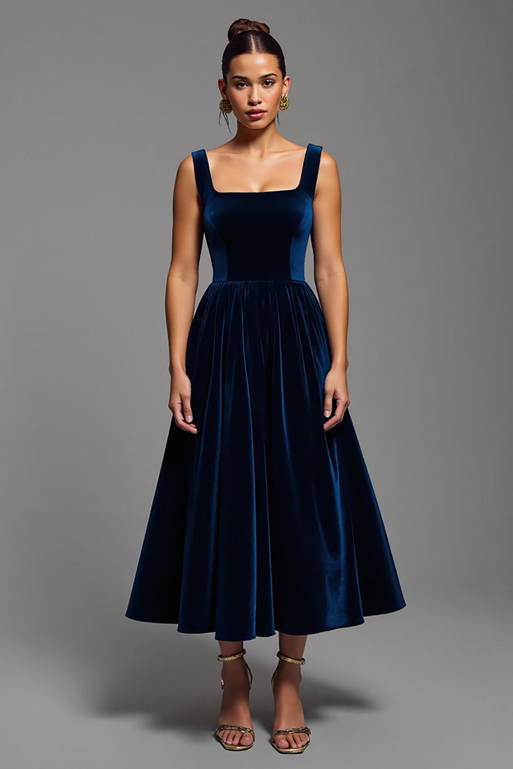 Navy A Line Velvet Long Square Neck Holiday Party Dress