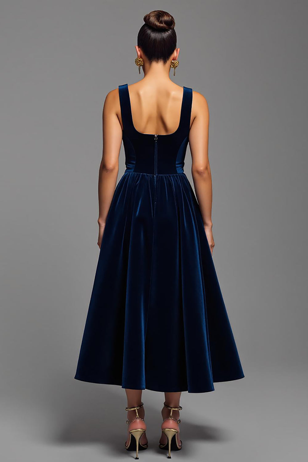 Navy A Line Velvet Long Square Neck Holiday Party Dress