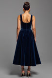 Navy A Line Velvet Long Square Neck Holiday Party Dress