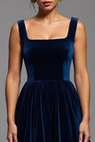 Navy A Line Velvet Long Square Neck Holiday Party Dress