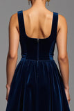 Navy A Line Velvet Long Square Neck Holiday Party Dress
