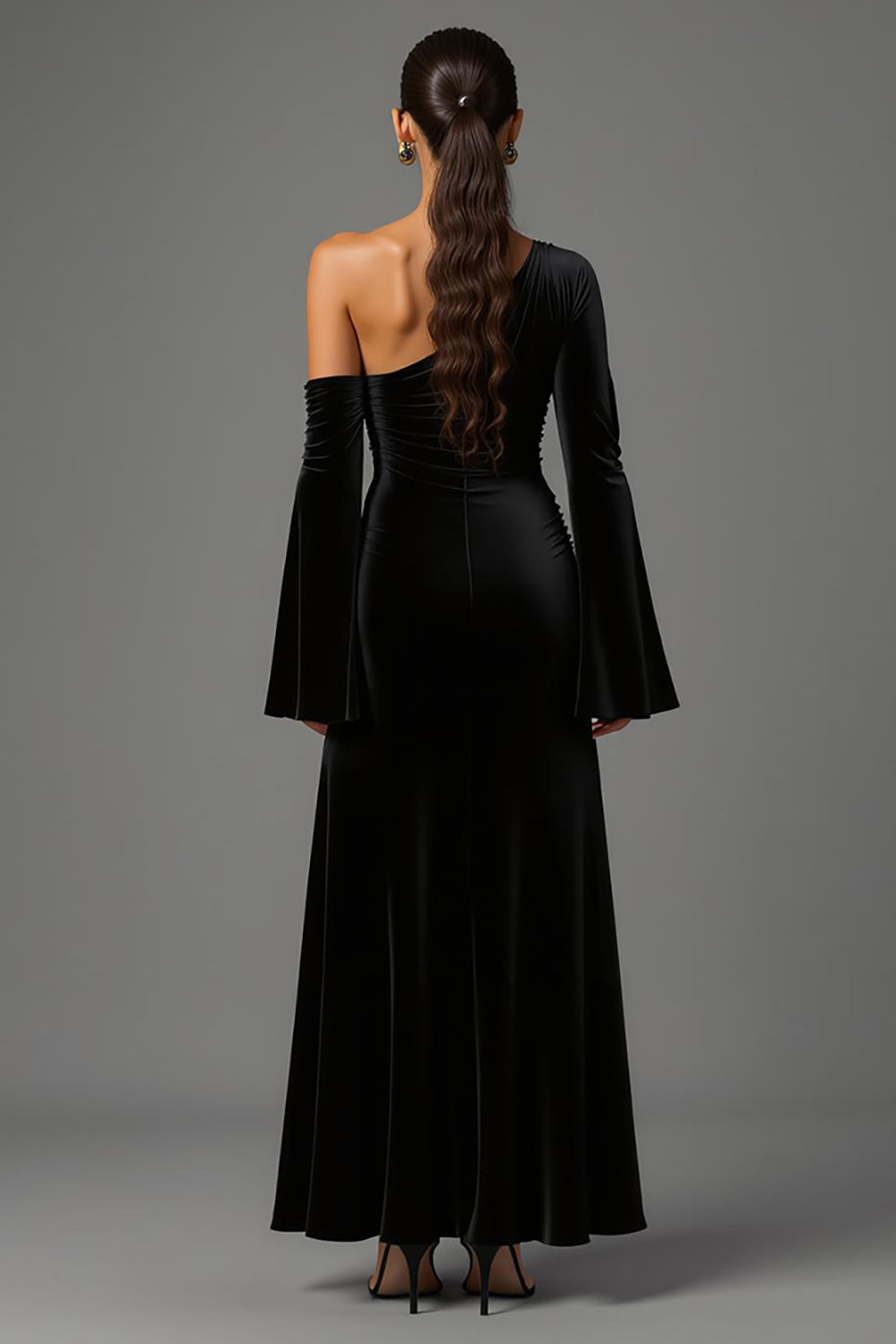 Velvet Black One Shoulder Flare Sleeves Long Formal Dress