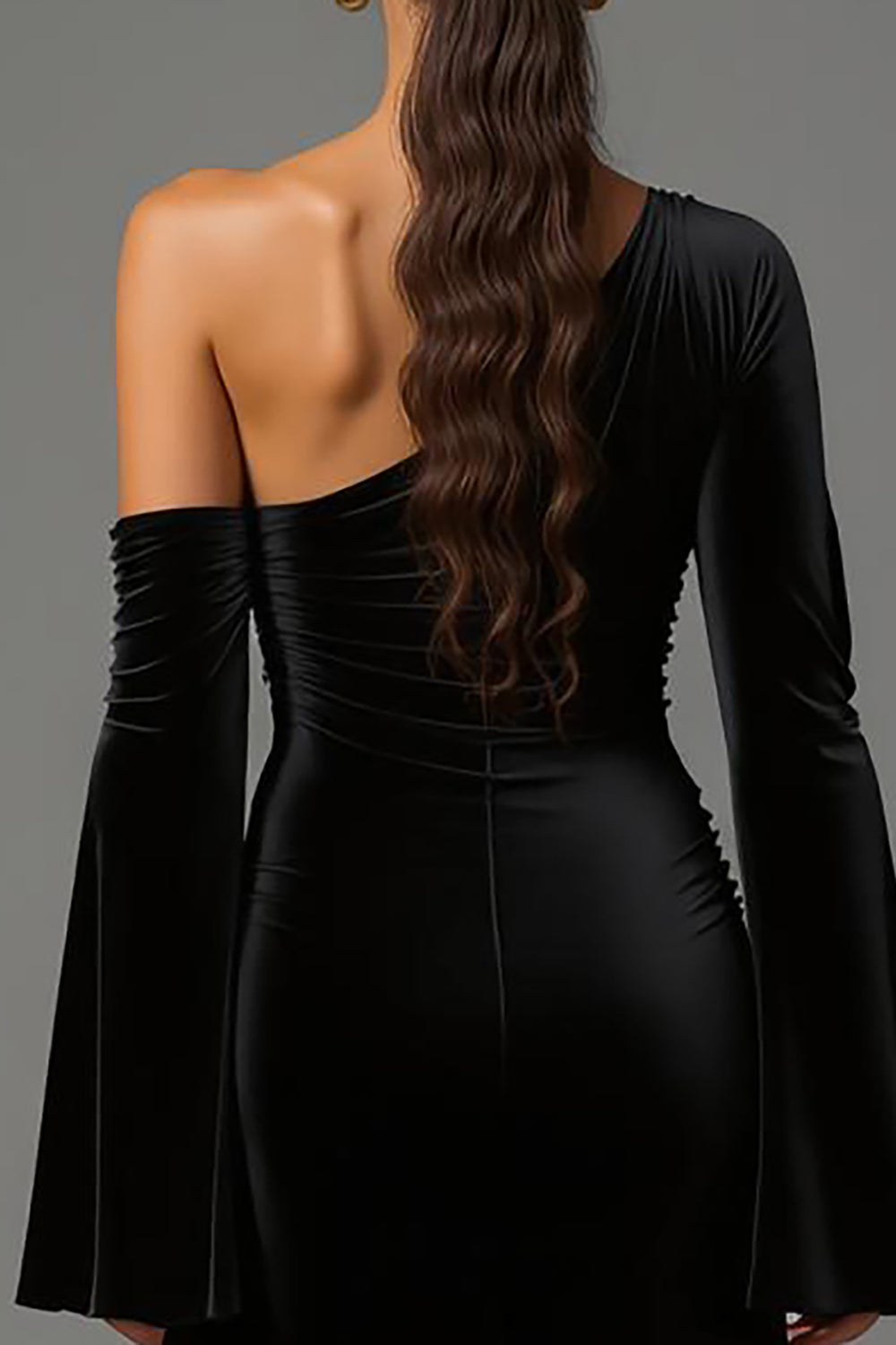 Velvet Black One Shoulder Flare Sleeves Long Formal Dress