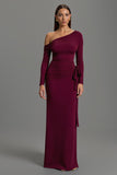 One Shoulder Burgundy Sheath Striped Long Formal Dress