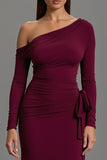 One Shoulder Burgundy Sheath Striped Long Formal Dress