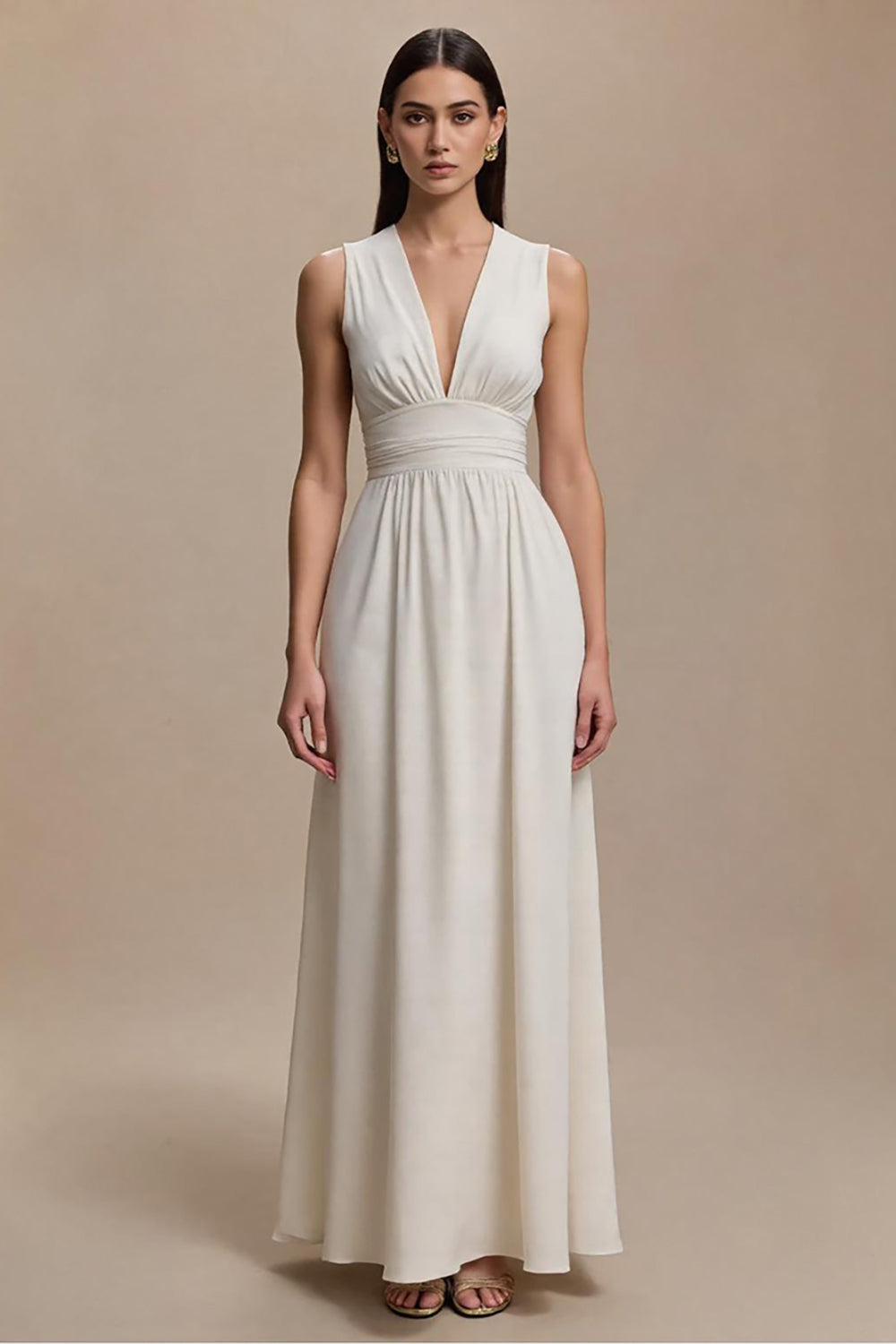 Simple A Line Ivory V-Neck Long Formal Dress