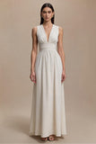 Simple A Line Ivory V-Neck Long Formal Dress