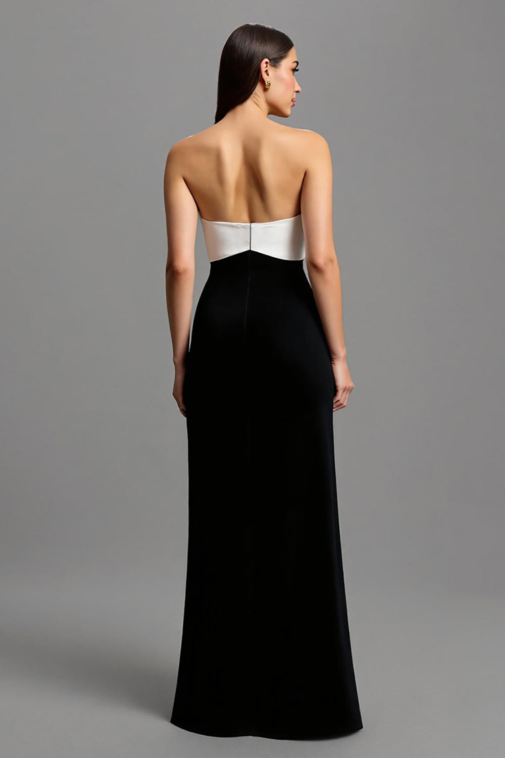 Strapless Black and White Patchwork Long Formal Dress with Bow