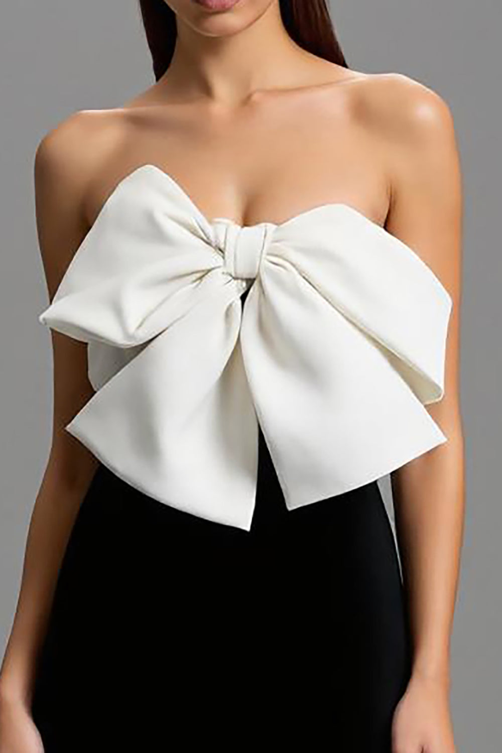 Strapless Black and White Patchwork Long Formal Dress with Bow