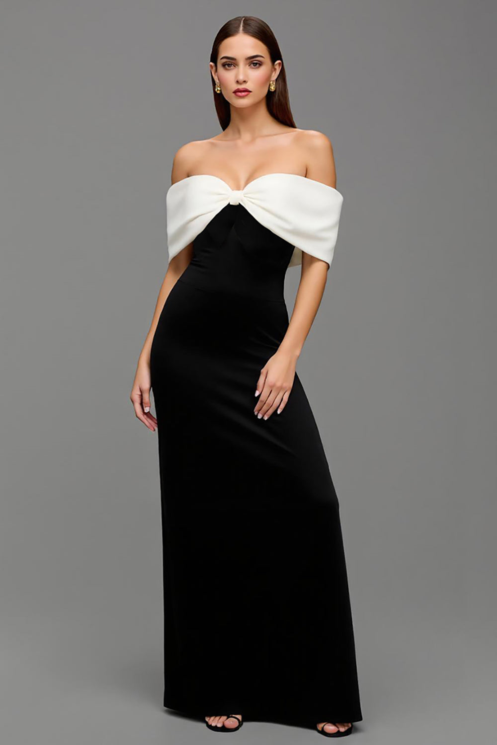 Sheath Black and White Long Formal Dress with Bow
