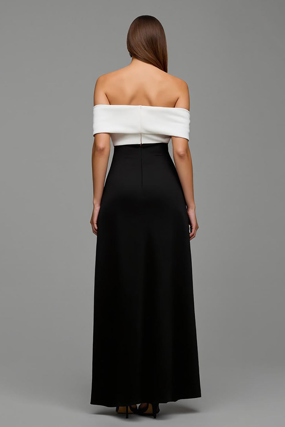 Off the Shoulder Black and White Patchwork Long Formal Dress with Bow