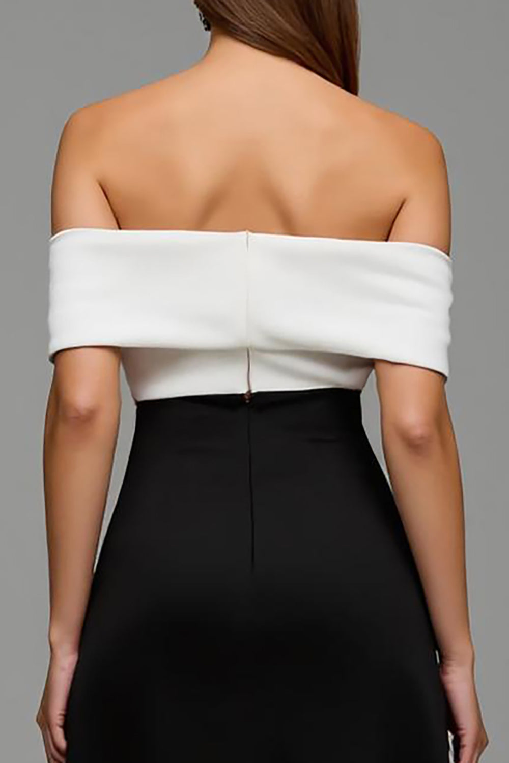 Off the Shoulder Black and White Patchwork Long Formal Dress with Bow