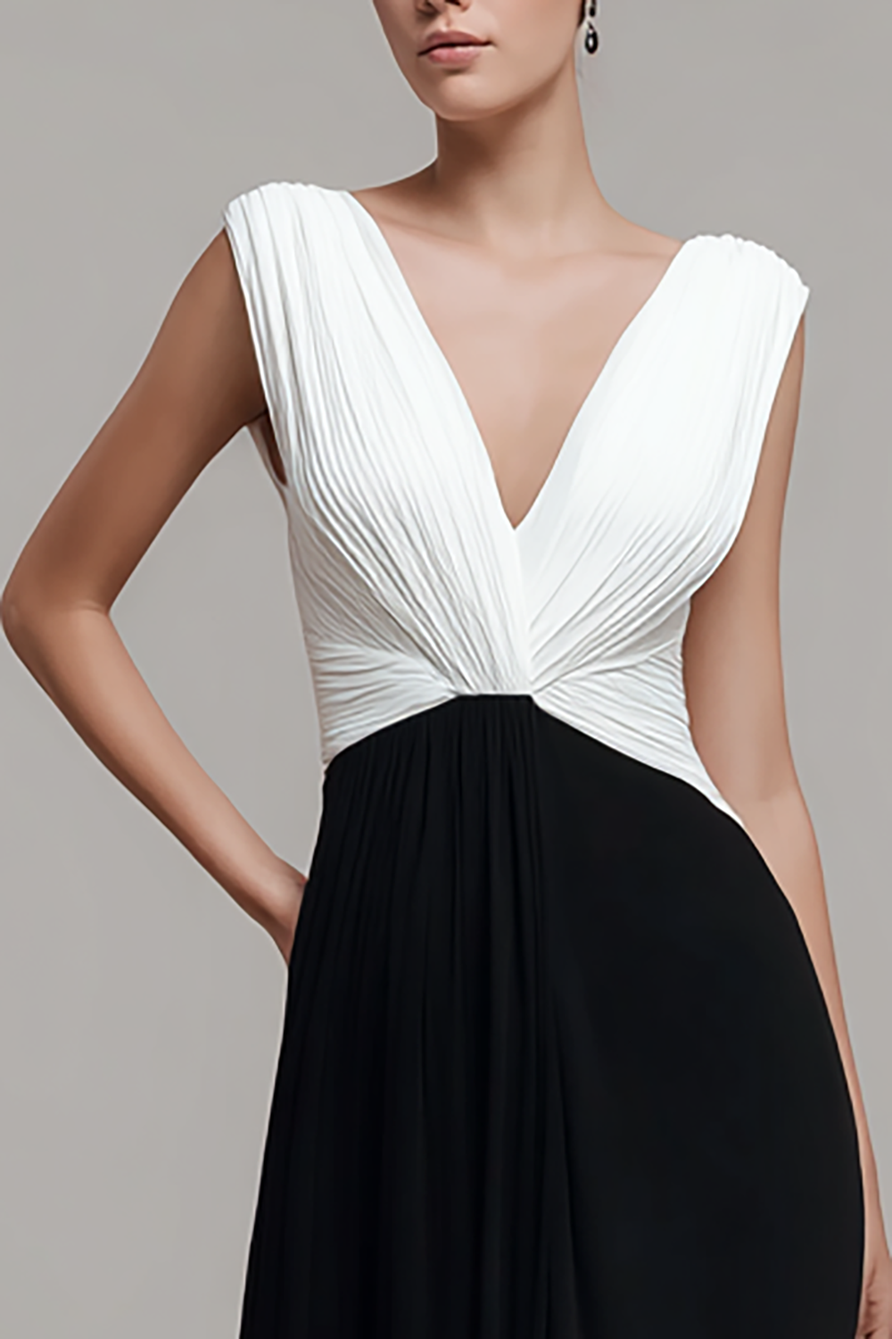 Black White V Neck Pleated Formal Dress
