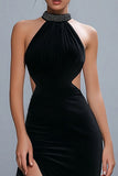 High Neck Black Sheath Hollow-out Formal Dress with Slit