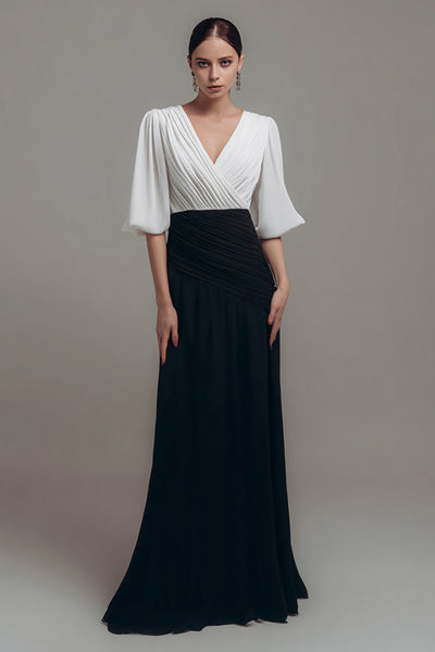 ZAPAKA Women V Neck Formal Dress Pleated Black White A Line