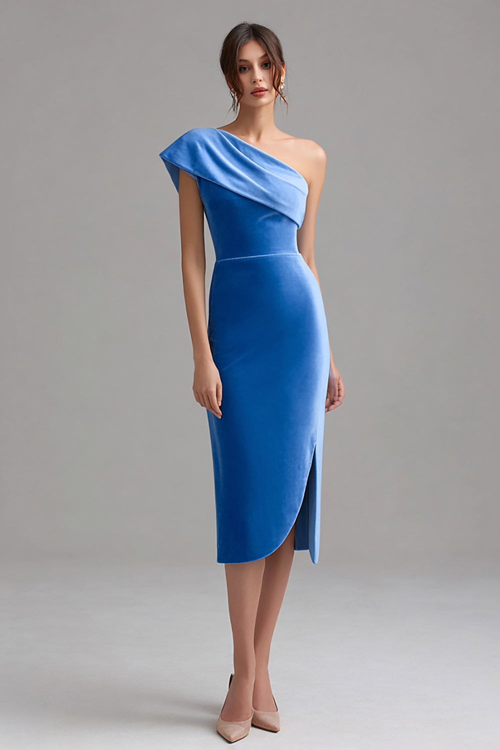 One Shoulder Blue Vlevet Formal Dress with Slit