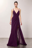 Purple V-Neck Ruched Sheath Long Evening Dress with Slit