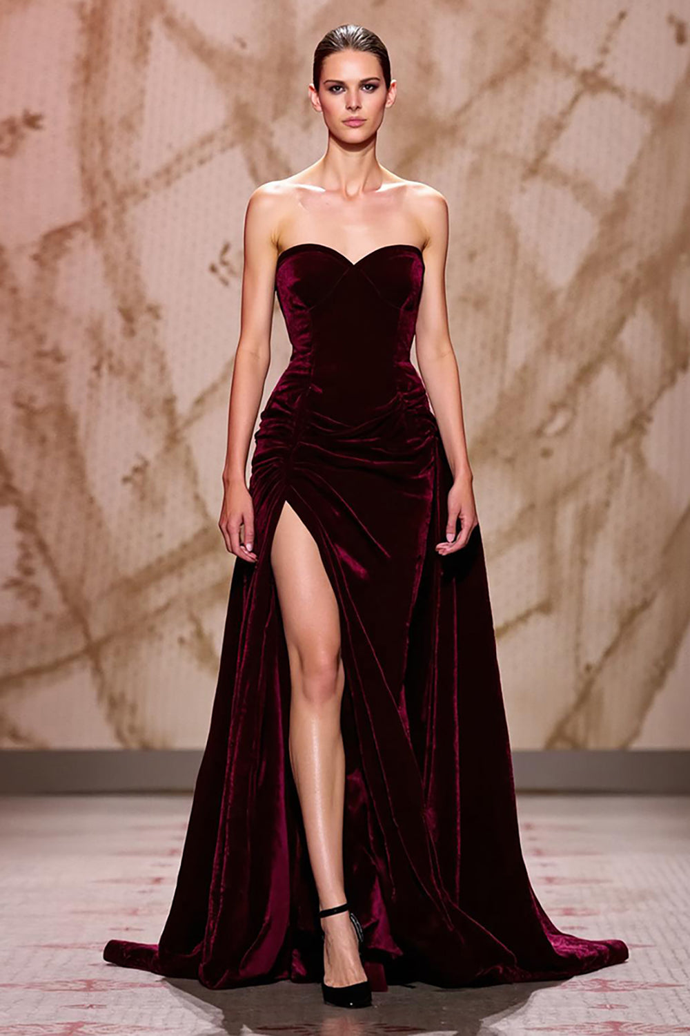 Velvet Dark Red Sweetheart Long Evening Dress with Slit