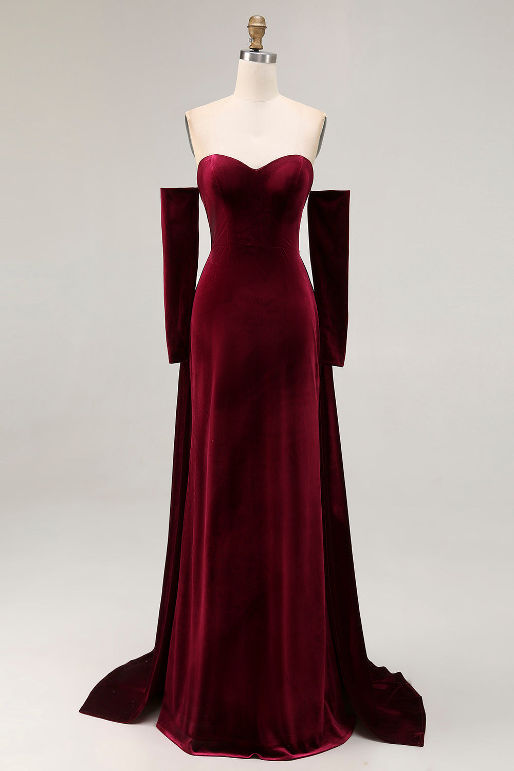 Dark Red Sweetheart A Line Long Velvet  Dress with Long Sleeves
