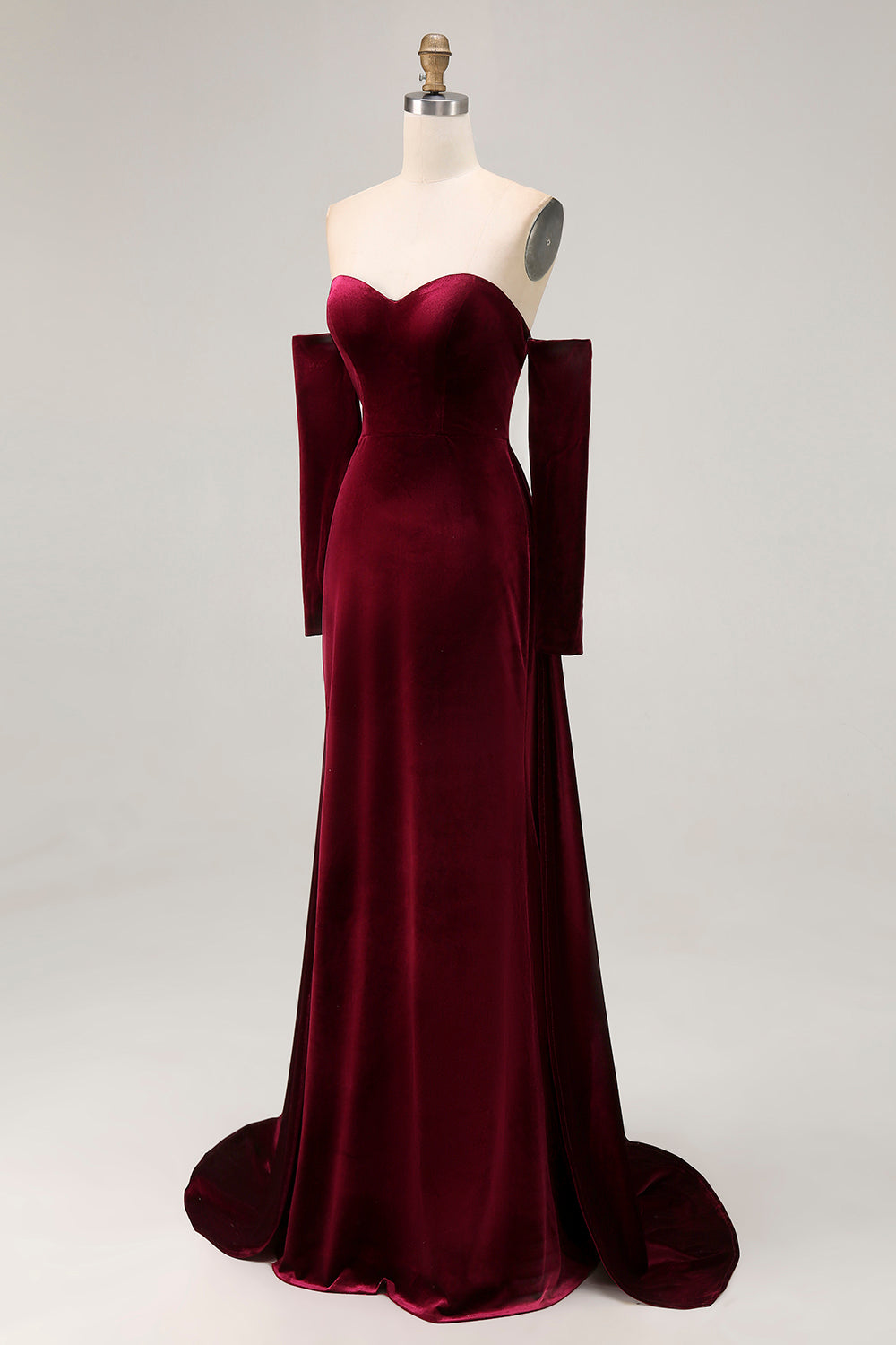 Dark Red Sweetheart A Line Long Velvet  Dress with Long Sleeves