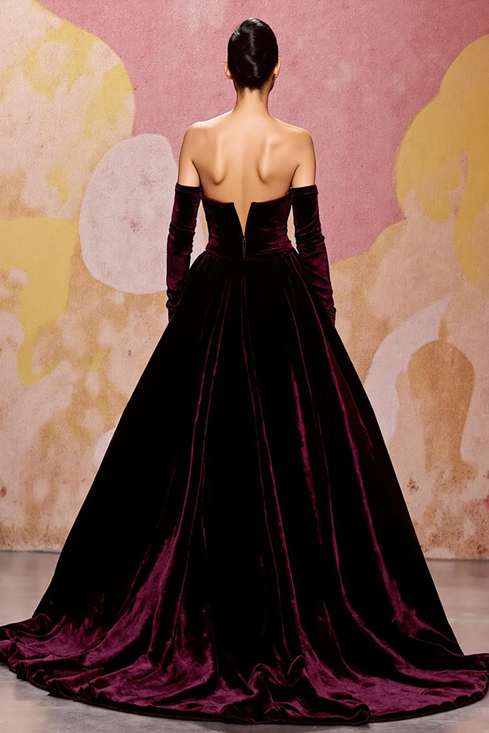 Dark Red Sweetheart A Line Long Velvet  Dress with Long Sleeves