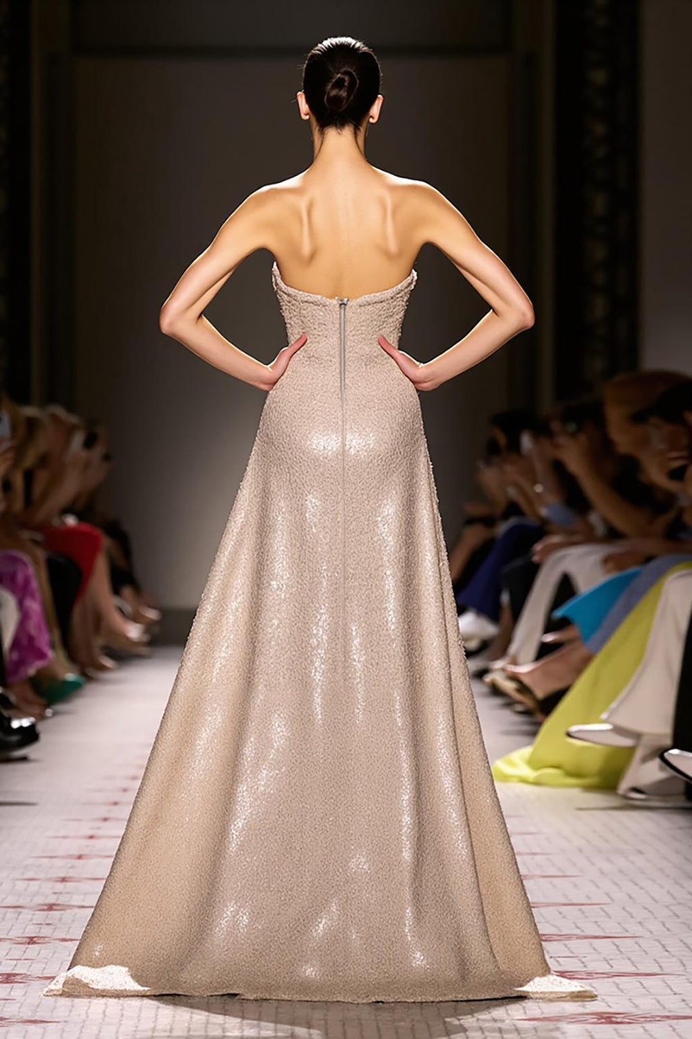 Strapless Champagne A-Line Sequin Corset Evening Dress with Cape