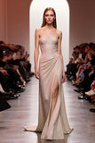 A-Line Champagne Strapless Sequin Evening Dress with Slit