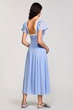 A Line Ligh Blue Long Wedding Guest Dress With Sash