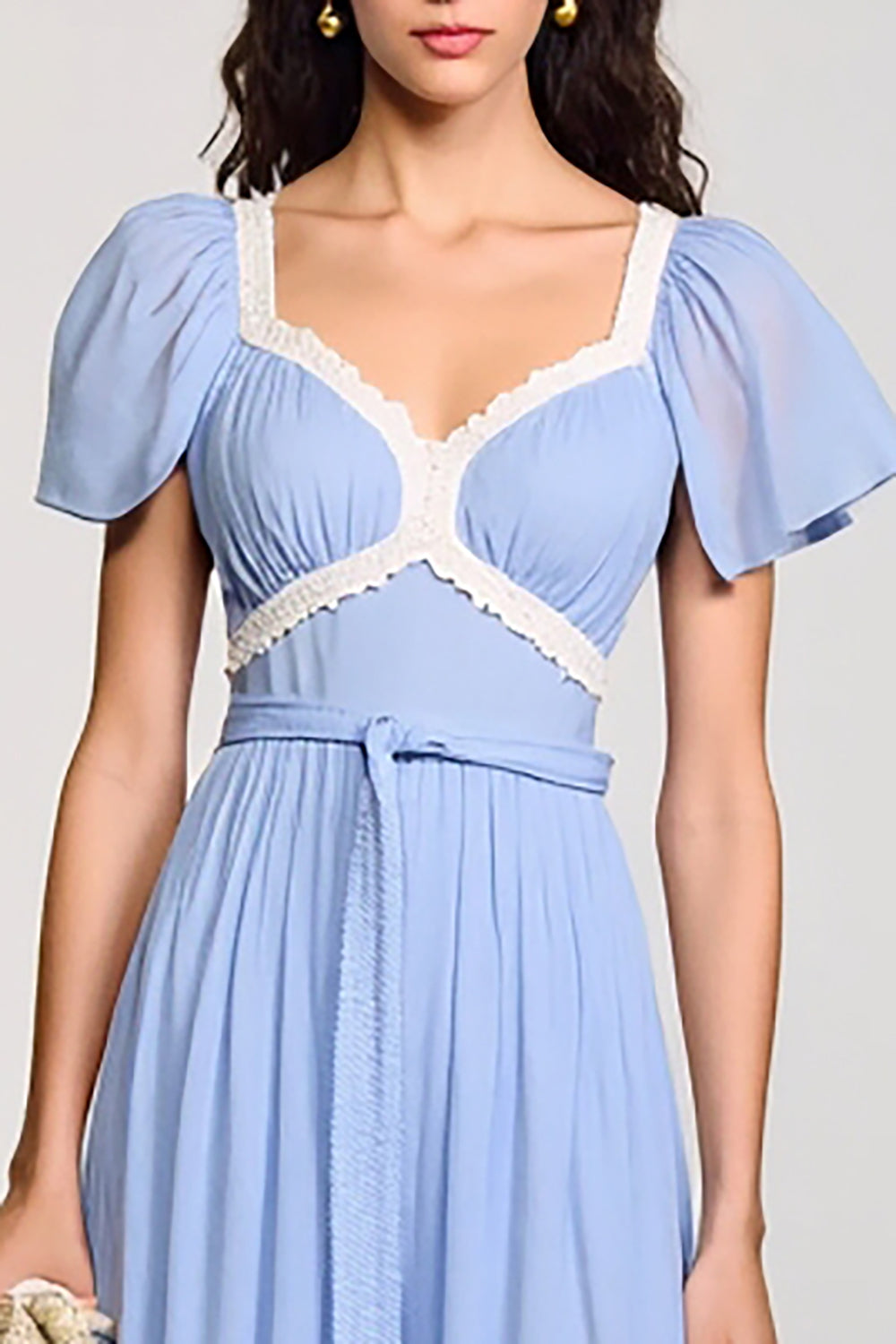 A Line Ligh Blue Long Wedding Guest Dress With Sash