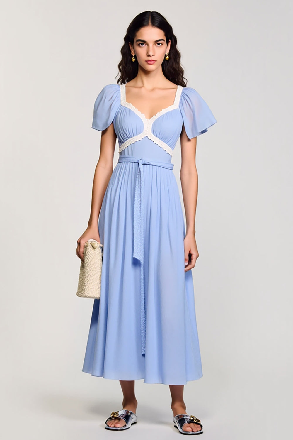 A Line Ligh Blue Long Wedding Guest Dress With Sash