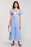 A Line Ligh Blue Long Wedding Guest Dress With Sash