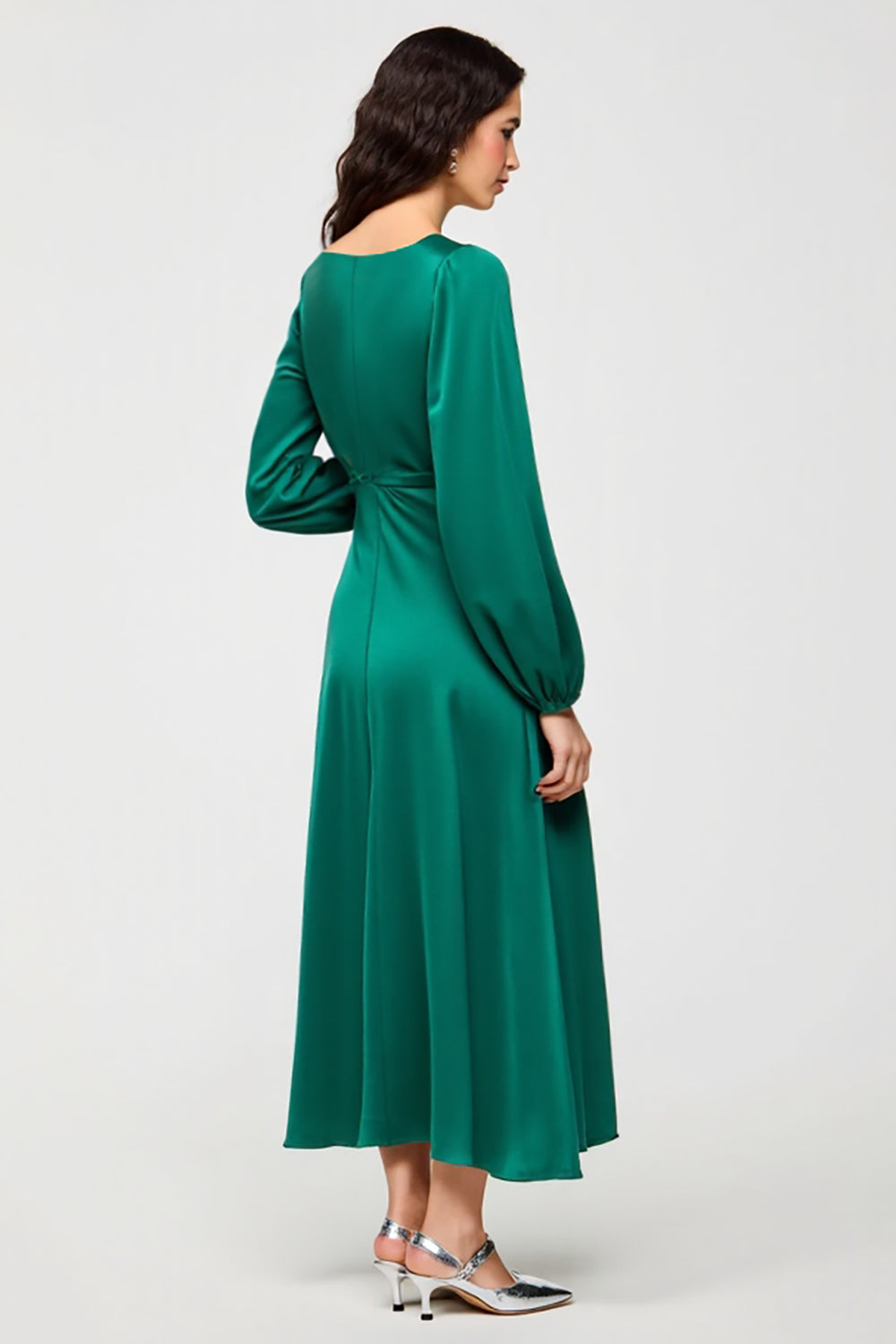 Long Sleeve Square Neck Green Wedding Guest Dress