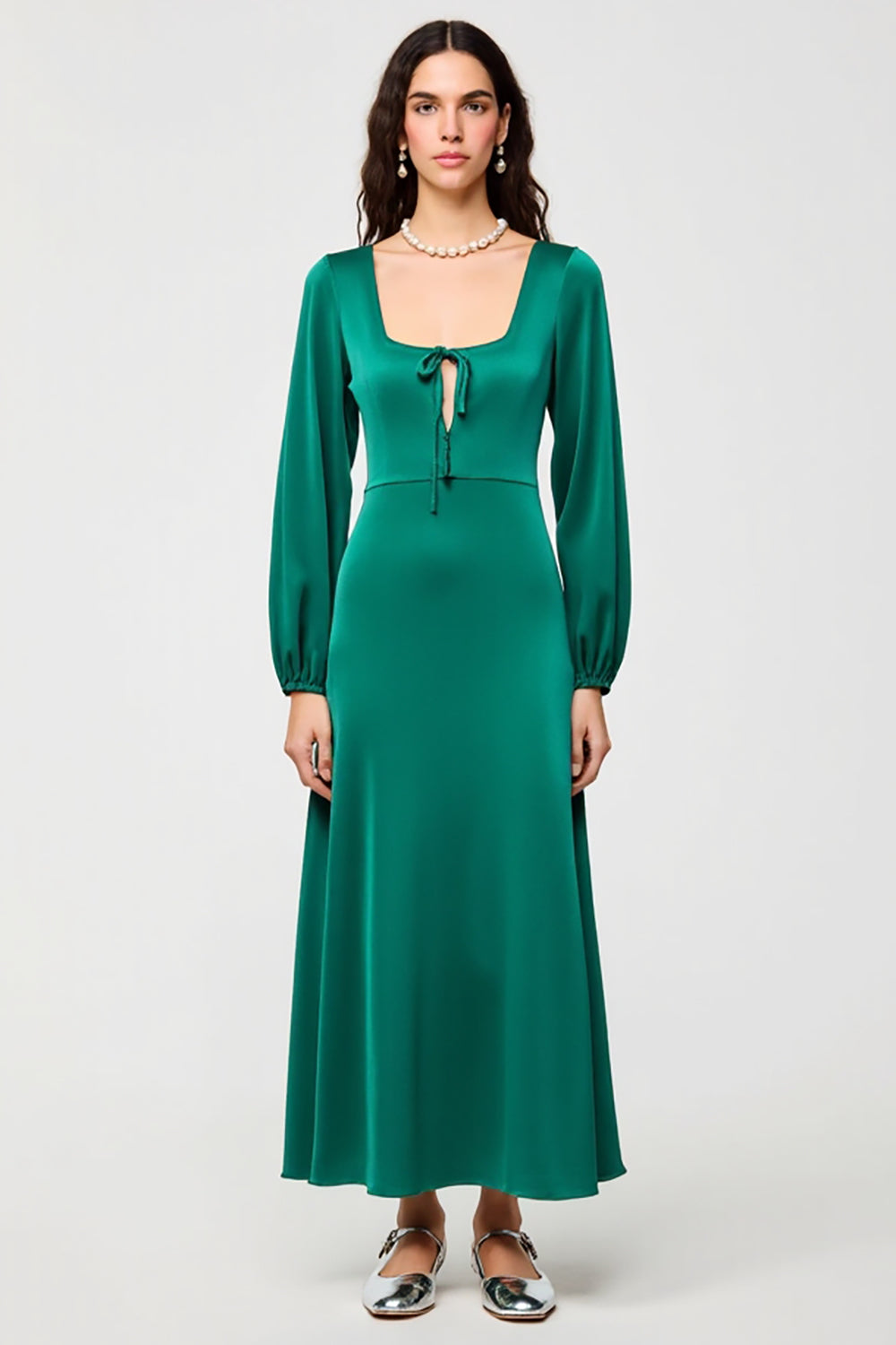 Long Sleeve Square Neck Green Wedding Guest Dress
