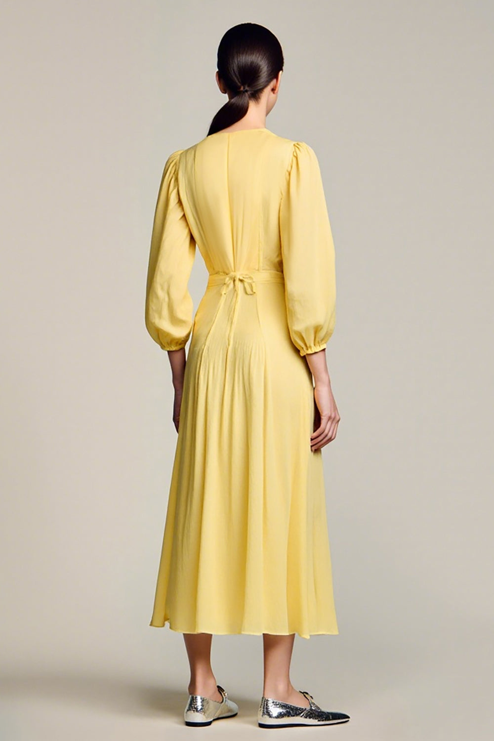 A Line Yellow V Neck Long Wedding Guest Dress