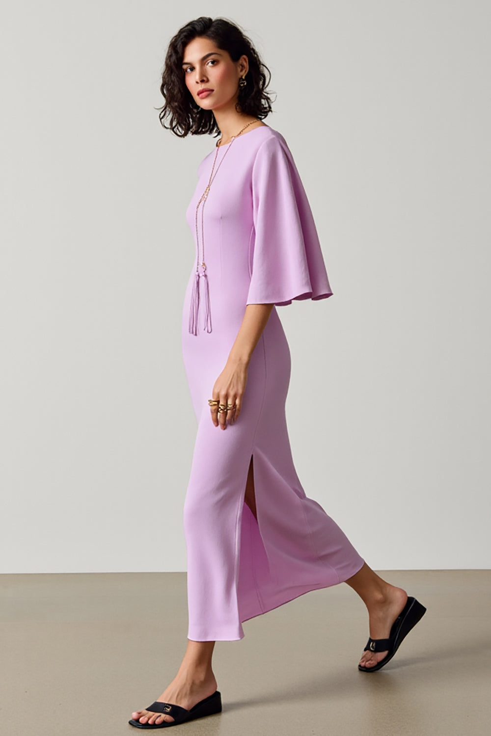 Light Purple Sheath Ruffle Sleeve Wedding Guest Dress With Slit