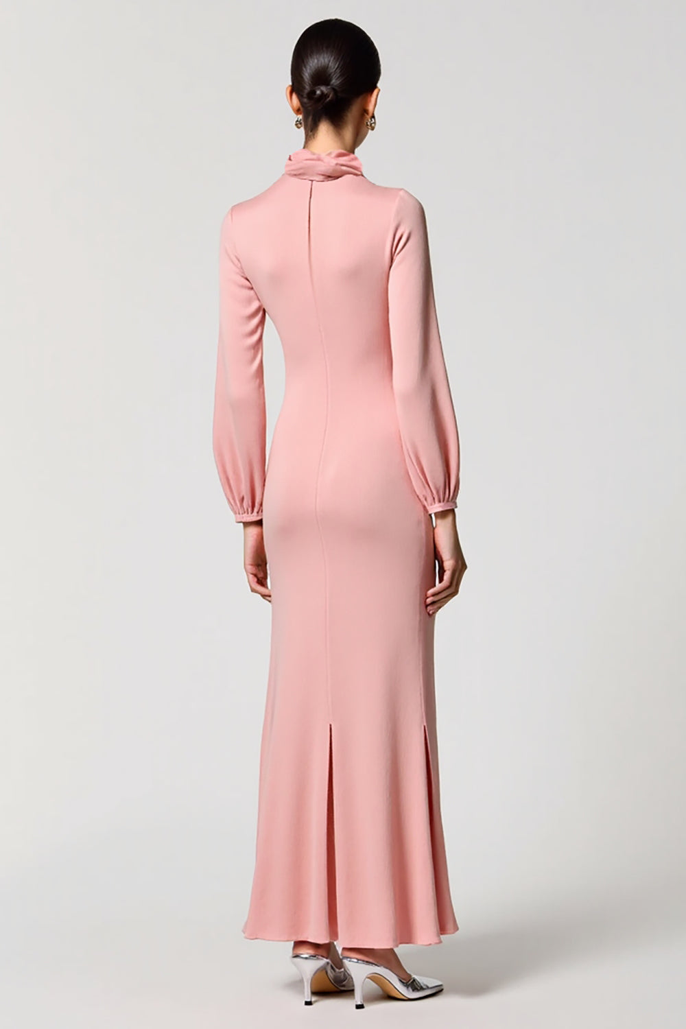Long Sleeve Cowl Neck A Line Pink Wedding Guest Dress
