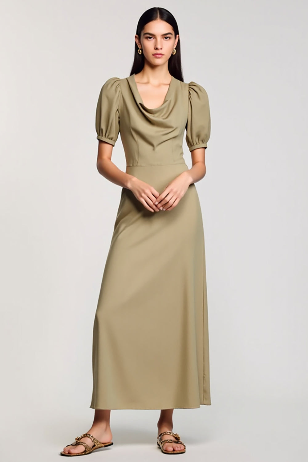 Cowl Neck Sheath Long Olive Wedding Guest Dress