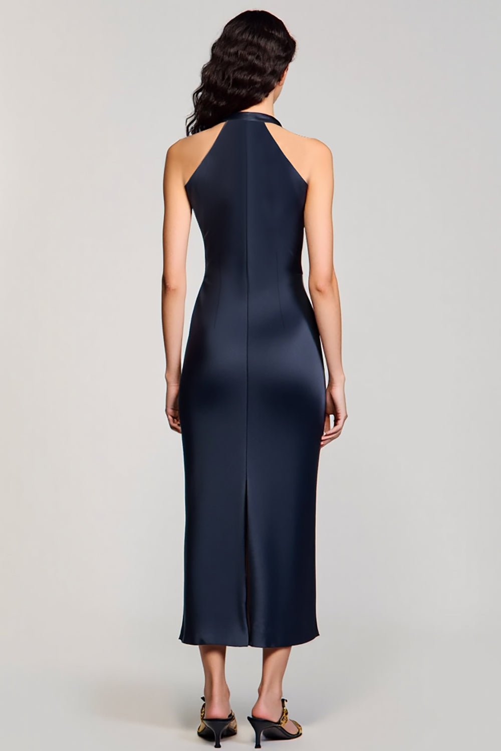 Halter Navy Sheath Midi Wedding Guest Dress