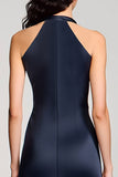 Halter Navy Sheath Midi Wedding Guest Dress