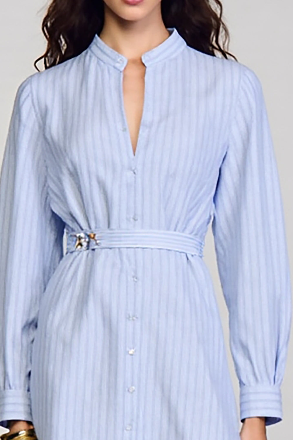 Long Sleeve Blue Stripes Sheath Work Dress With Belt
