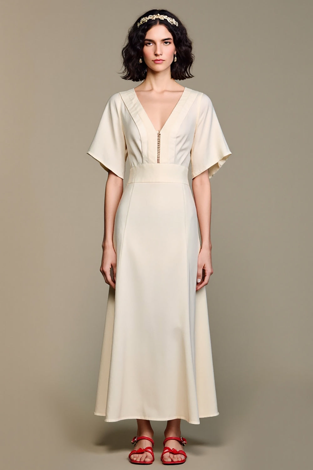 A Line V Neck Long White Wedding Guest Dress