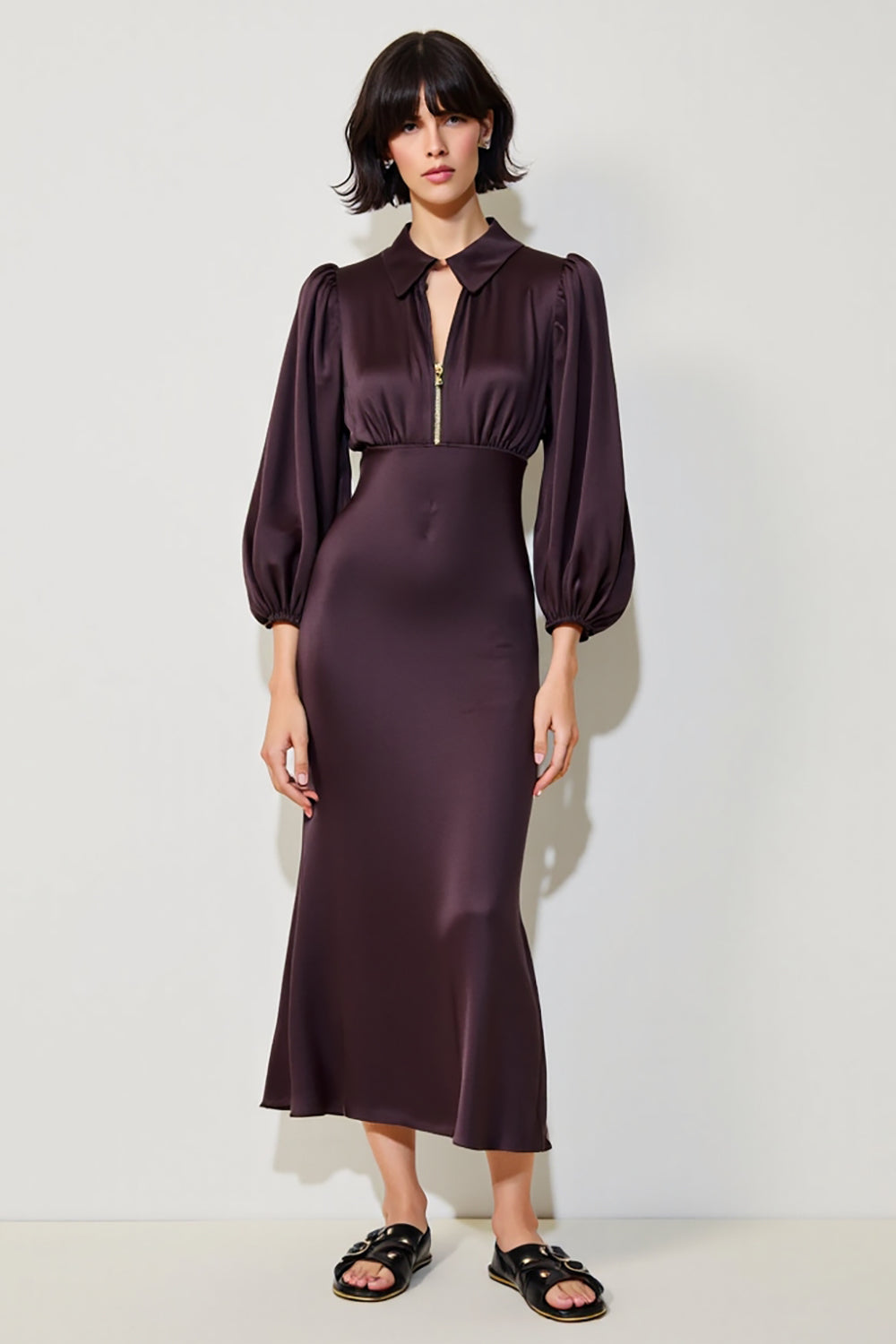 Dark Red Sheath Midi Wedding Guest Dress with Long Sleeves