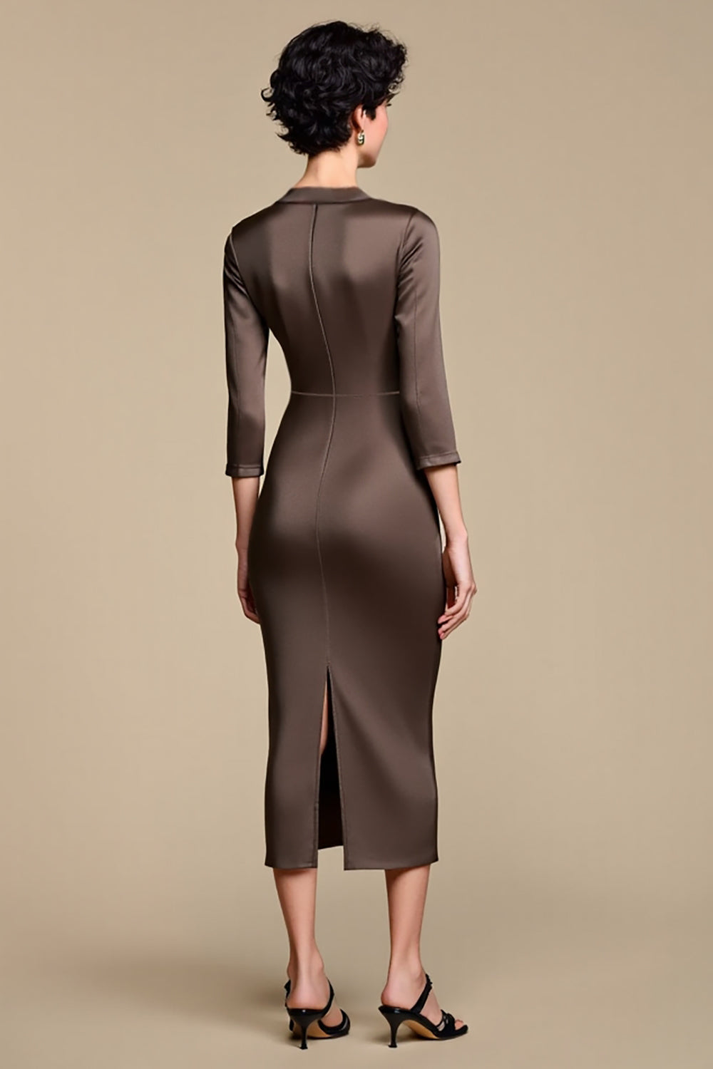 Brown Notched Lapel Sheath Midi Work Dress