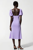 Purple A Line Puff Sleeve Midi Wedding Guest Dress