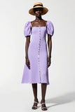 Purple A Line Puff Sleeve Midi Wedding Guest Dress