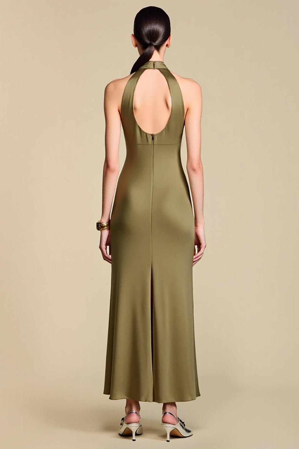 Halter Keyhole Sheath Olive Wedding Guest Dress