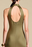 Halter Keyhole Sheath Olive Wedding Guest Dress