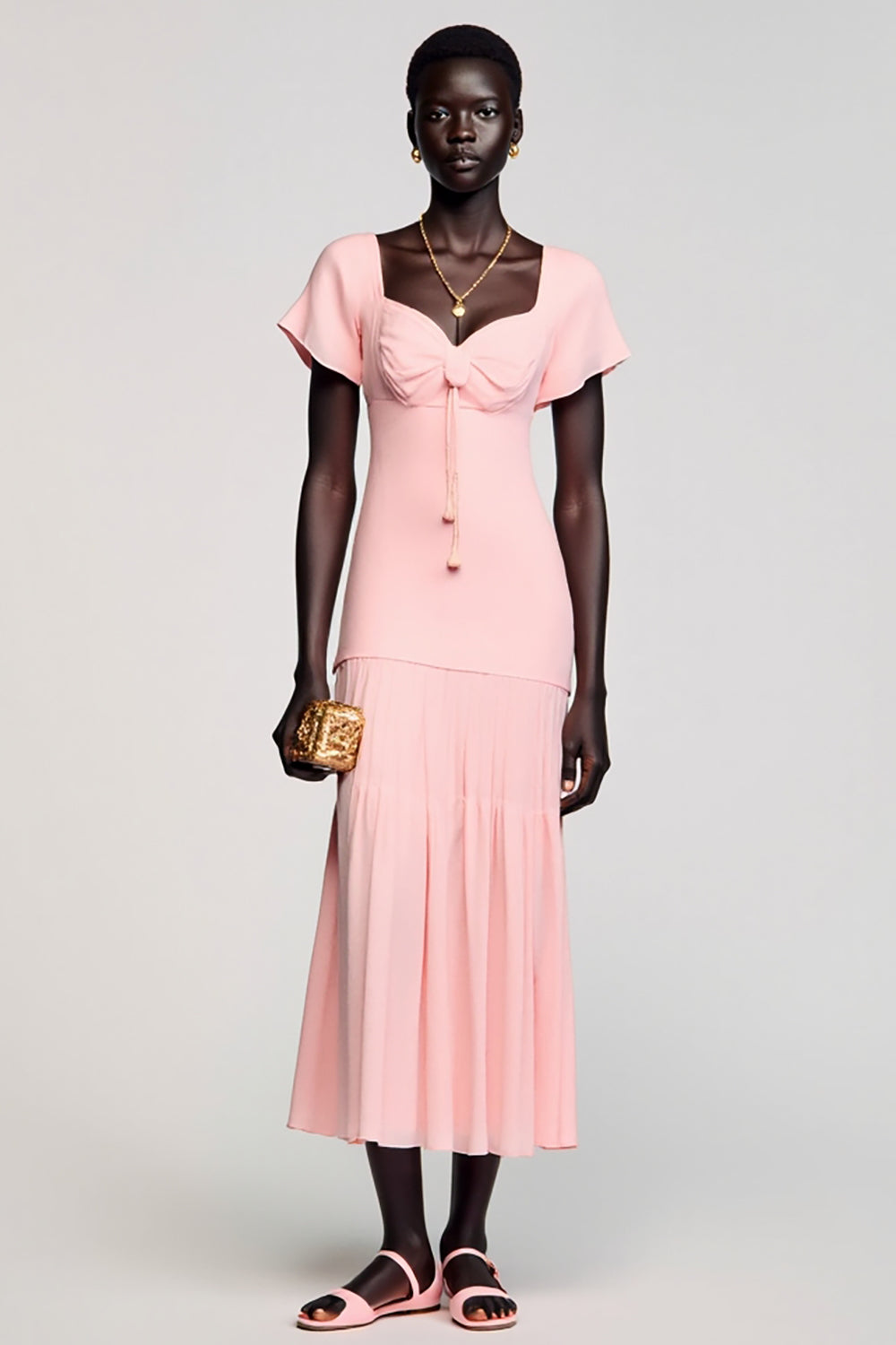 A Line Pink Midi Wedding Guest Dress With Bow