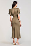Olive Sheath V Neck Midi Wedding Guest Dress With Sequins